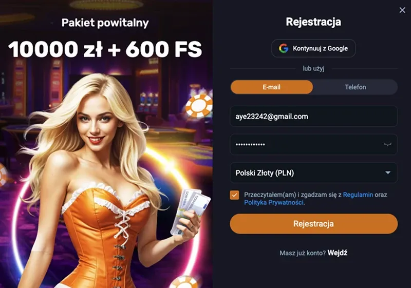 zrzut ekranu strony rejestracji vox casino