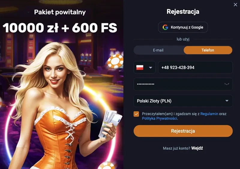 zrzut ekranu strony rejestracji vox casino